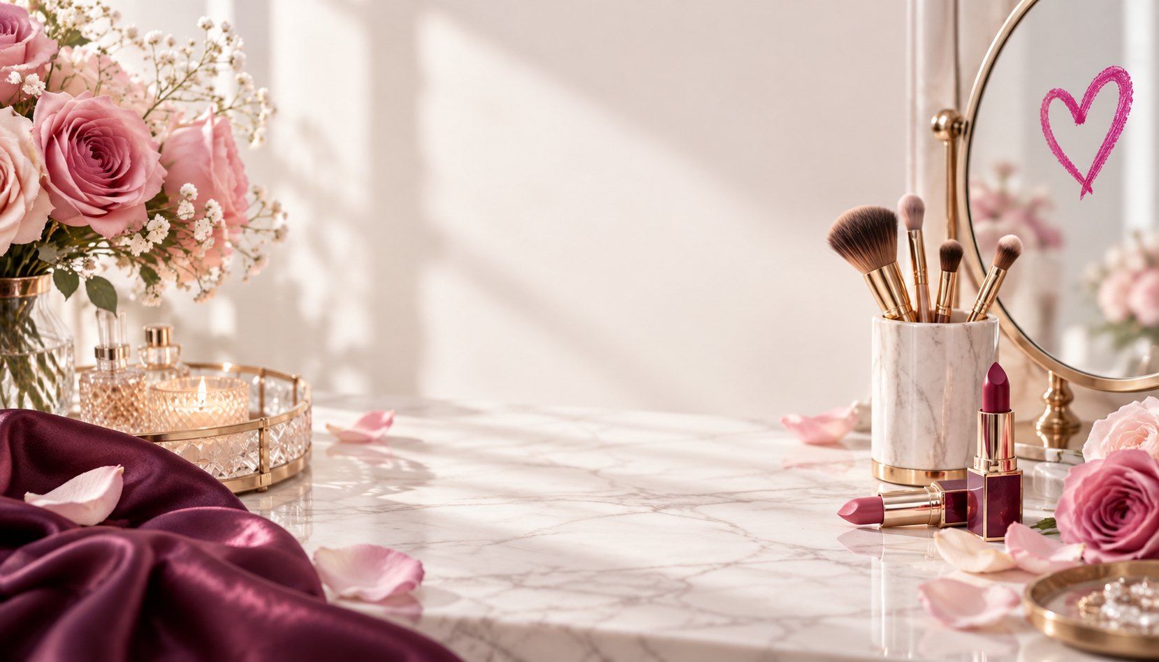 Elegant & Jazzy beauty flat-lay with a lipstick heart drawn on a mirror