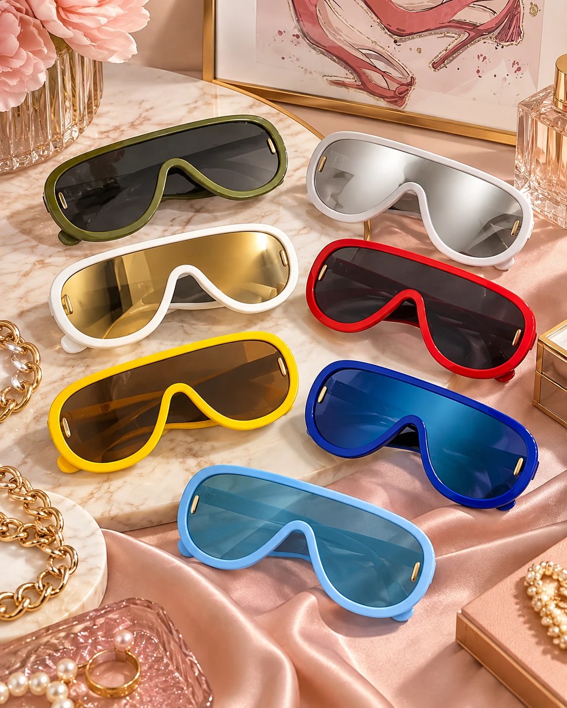 Shield-style sunglasses in olive, silver, white, red, yellow, and blue